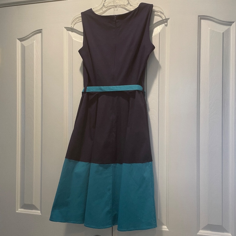 Navy Blue and Blue Scoop Neck Retro Midi Dress with Pockets and Belt, Size Small - Picture 7 of 12